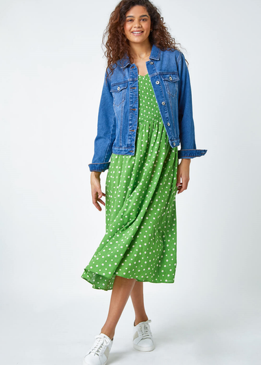 Roman Green Frill Sleeve Spot Shirred Midi Dress