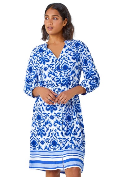 Roman Royal Blue Abstract Border Print Shirt Dress