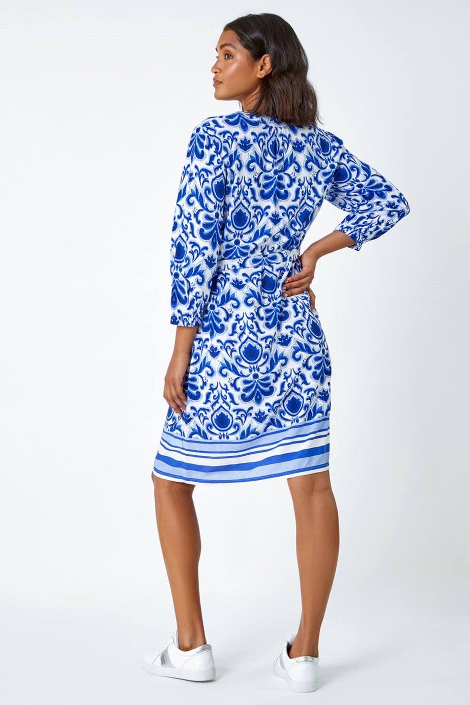 Roman Royal Blue Abstract Border Print Shirt Dress