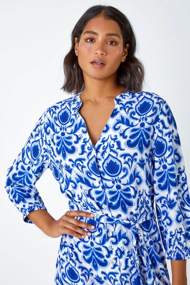 Roman Royal Blue Abstract Border Print Shirt Dress