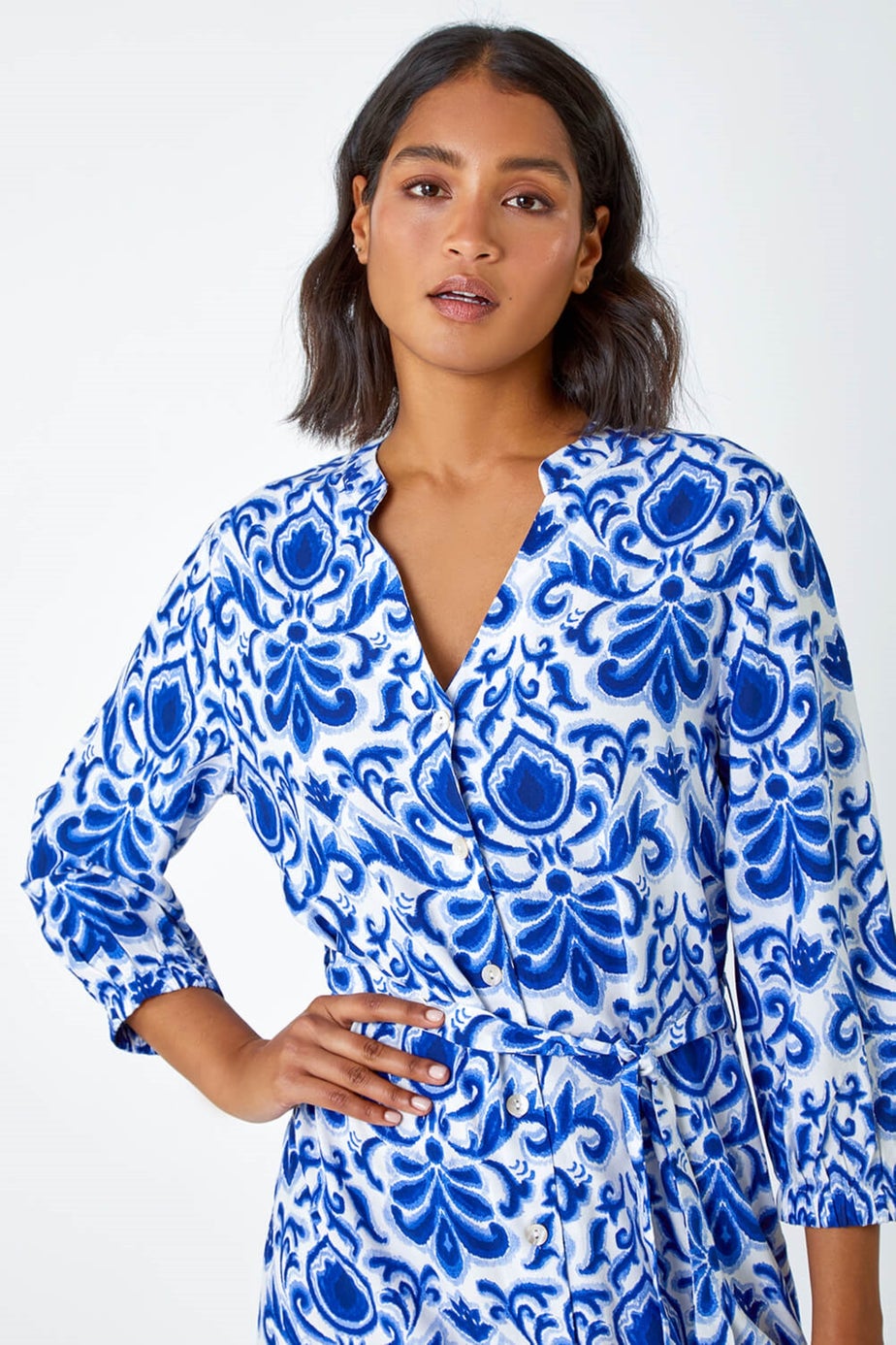 Roman Royal Blue Abstract Border Print Shirt Dress