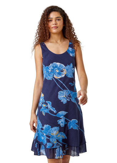 Roman Navy Floral Print Cotton Layered Dress