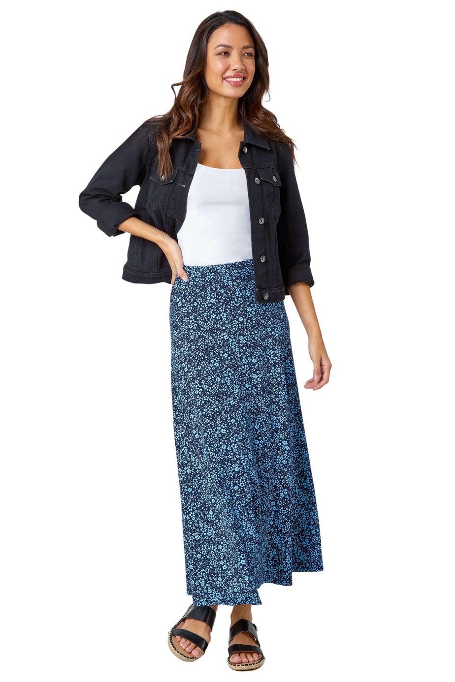 Roman Blue Ditsy Floral Elastic Waist A Line Midi Skirt