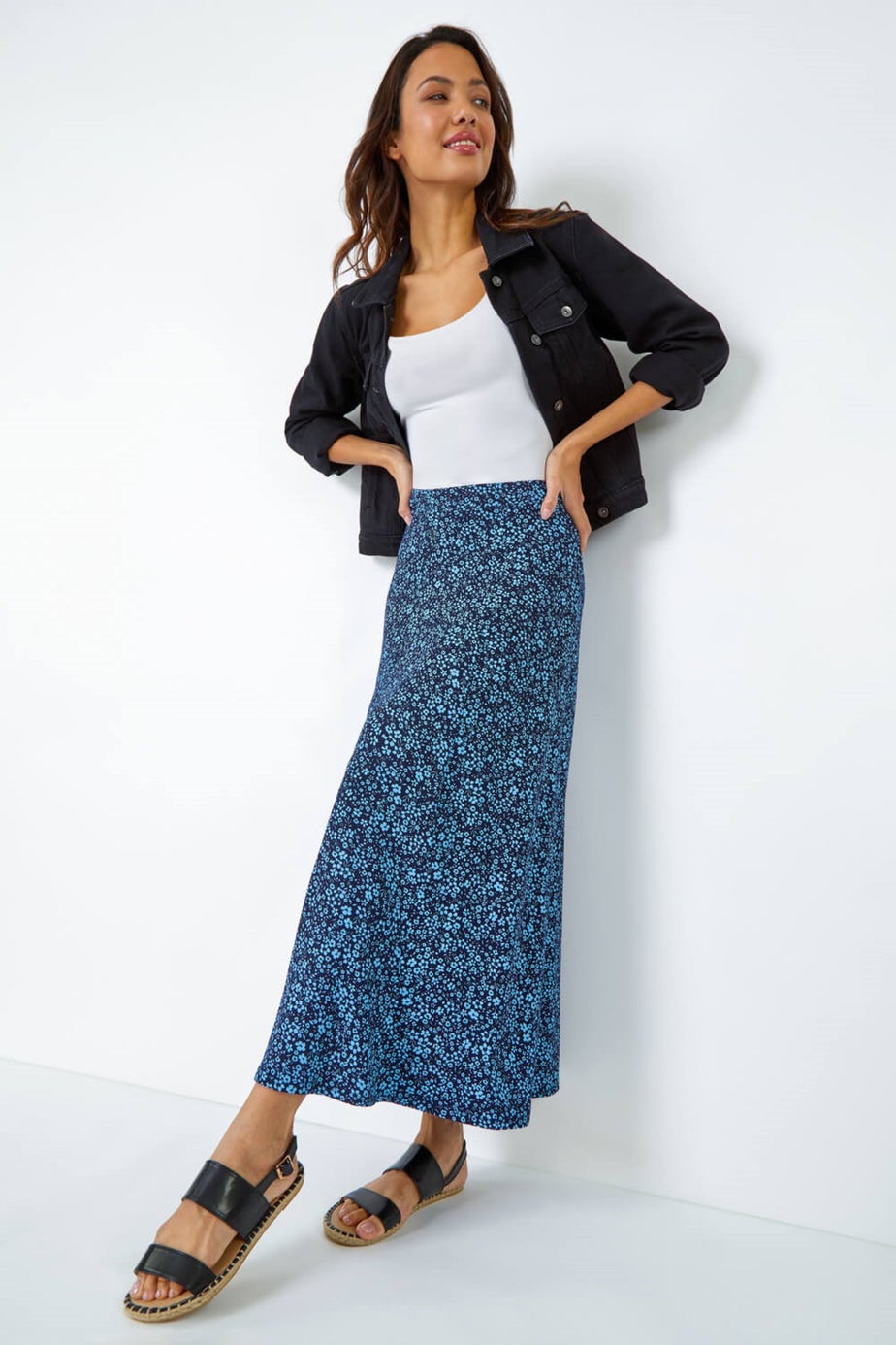 Roman Blue Ditsy Floral Elastic Waist A Line Midi Skirt