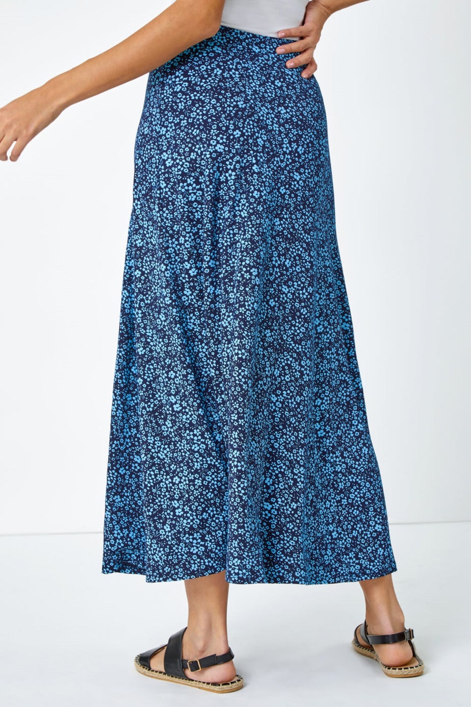 Roman Blue Ditsy Floral Elastic Waist A Line Midi Skirt