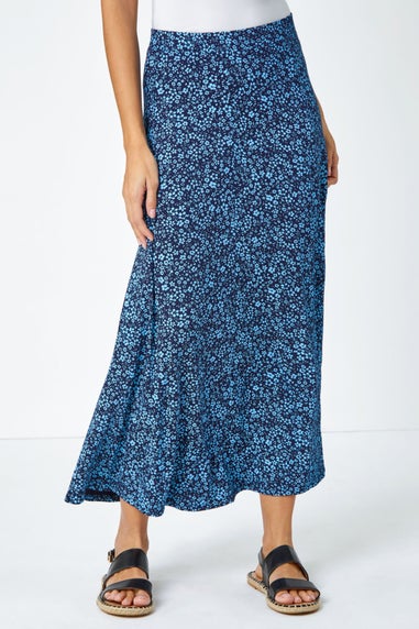 Roman Blue Ditsy Floral Elastic Waist A Line Midi Skirt