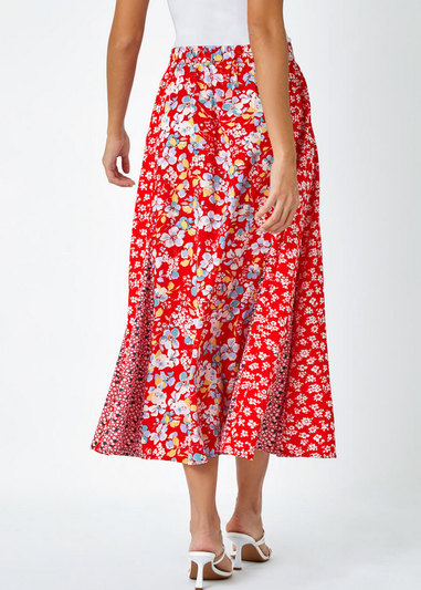 Roman Red Ditsy Floral Print A Line Midi Skirt
