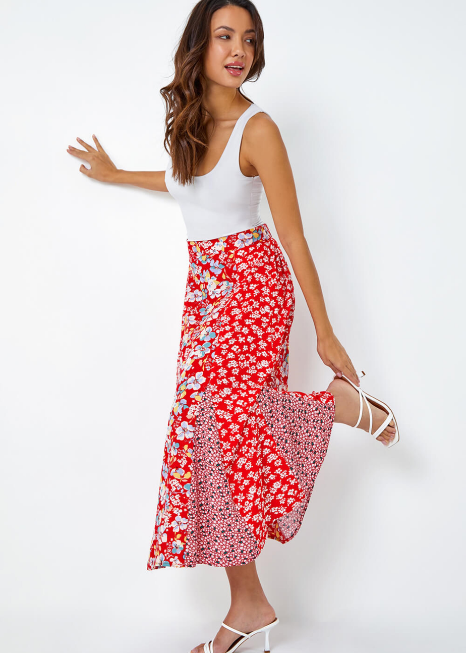 Roman Red Ditsy Floral Print A Line Midi Skirt