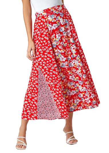 Roman Red Ditsy Floral Print A Line Midi Skirt