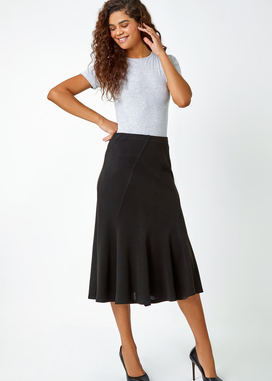 Roman Black Elastic Waist Panelled A Line Flared Midi Skirt