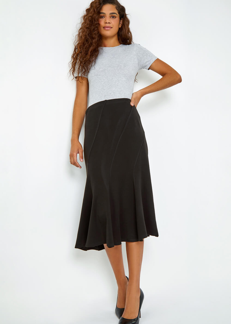Roman Black Elastic Waist Panelled A Line Flared Midi Skirt