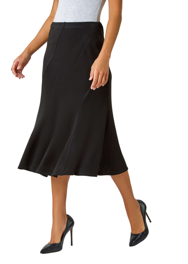 Roman Black Elastic Waist Panelled A Line Flared Midi Skirt