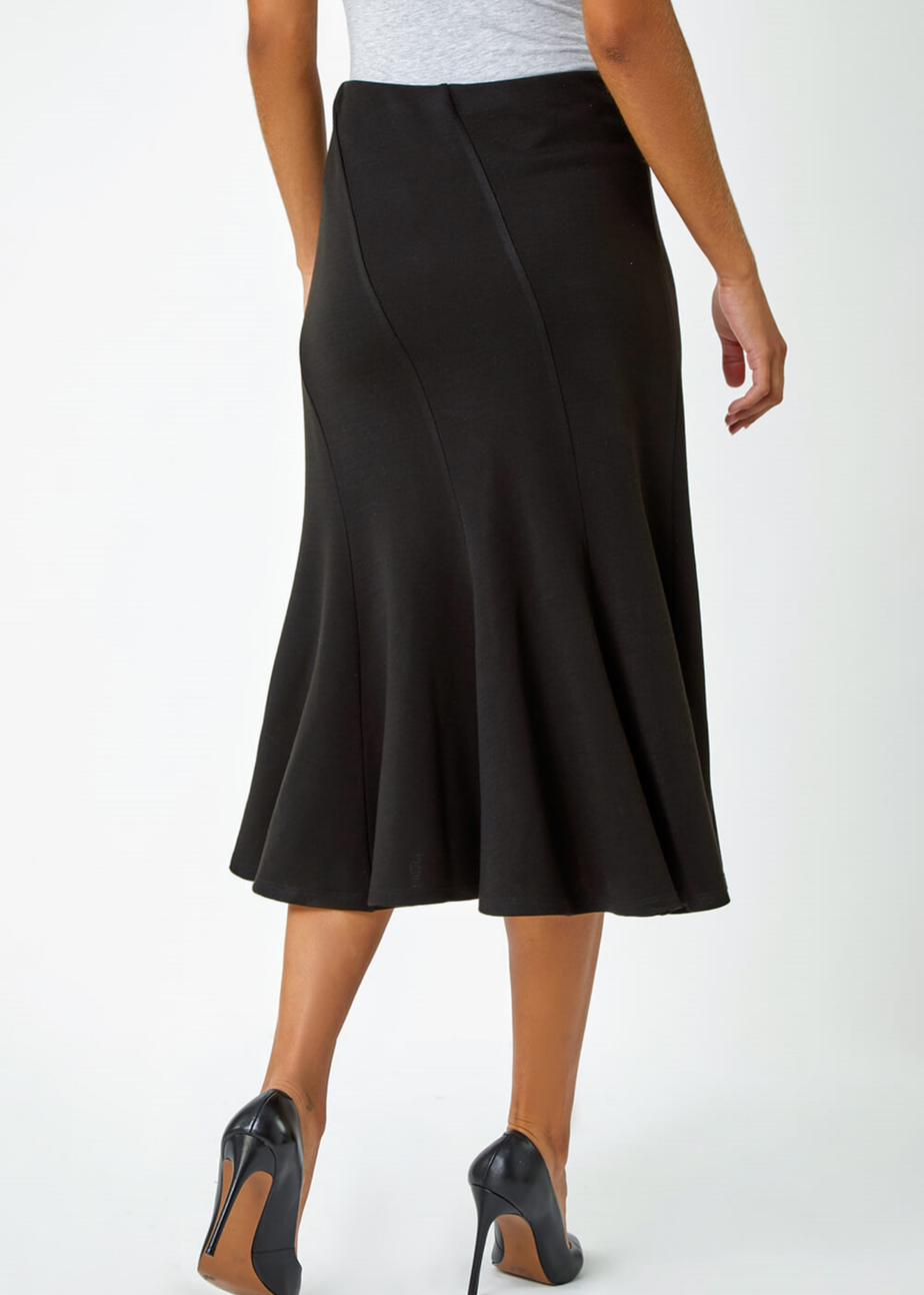 Roman Black Elastic Waist Panelled A Line Flared Midi Skirt