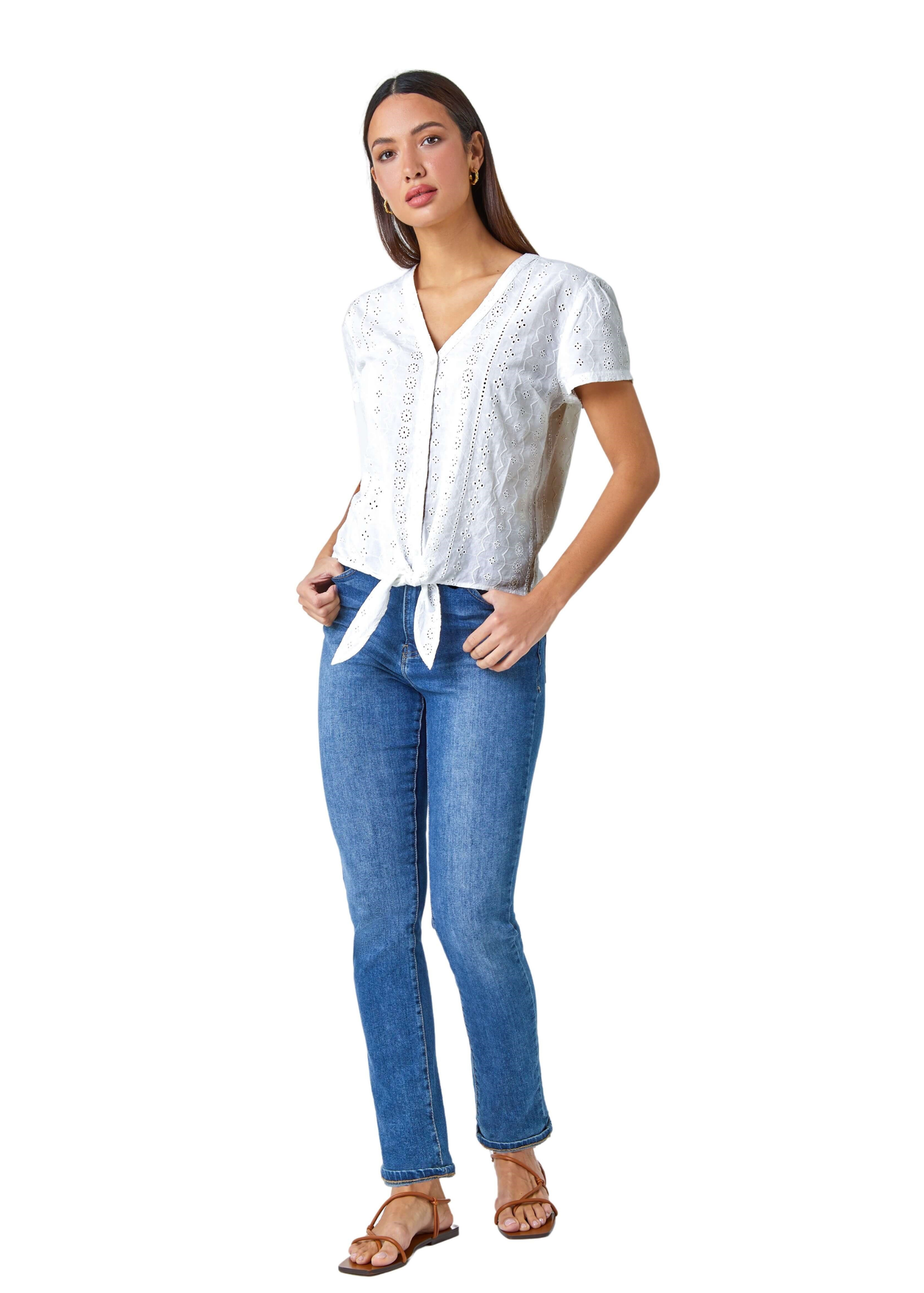 Roman White Tie Front Cotton Broderie V-Neck T-Shirt