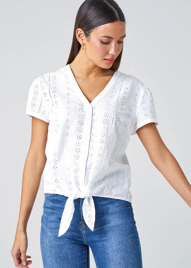 Roman White Tie Front Cotton Broderie V-Neck T-Shirt