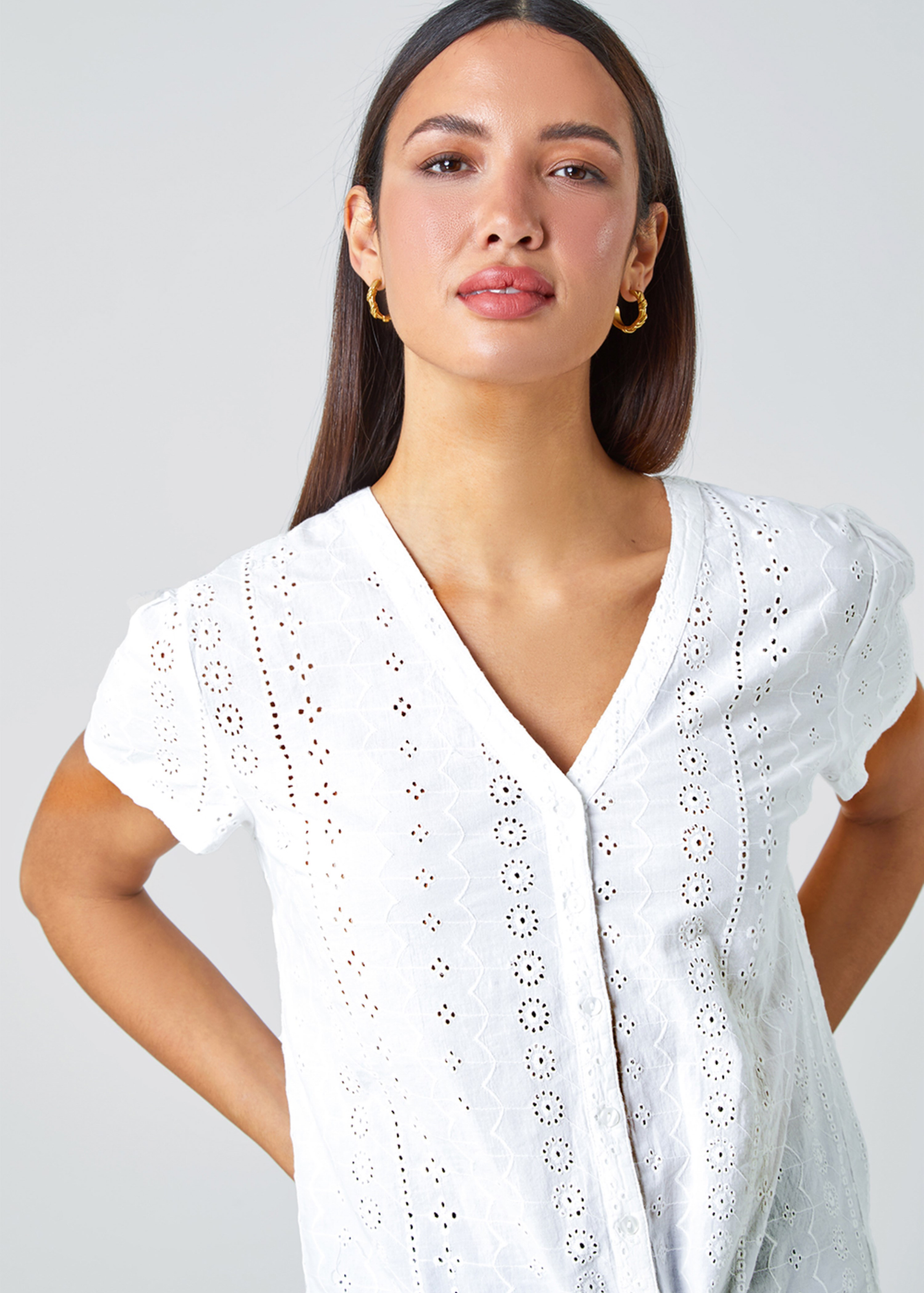 Roman White Tie Front Cotton Broderie V-Neck T-Shirt