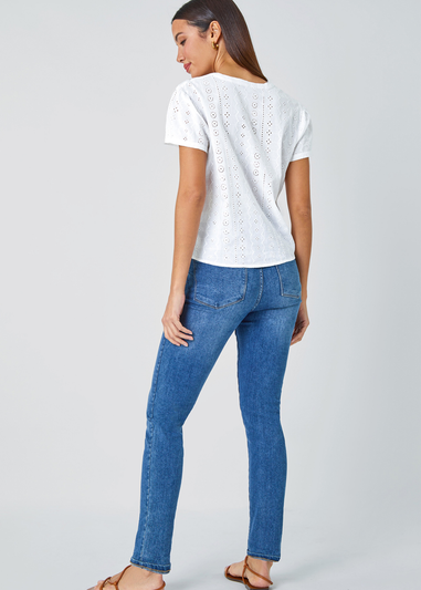 Roman White Tie Front Cotton Broderie V-Neck T-Shirt