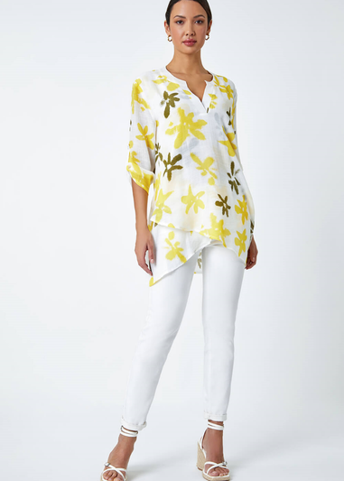 Roman Yellow Floral Print Wrap Hem V-Neck Tunic Top