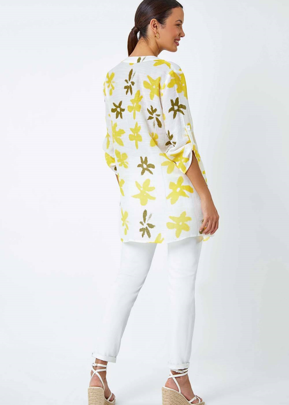Roman Yellow Floral Print Wrap Hem V-Neck Tunic Top