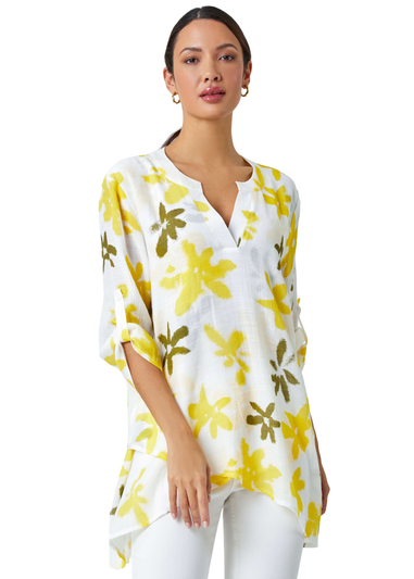 Roman Yellow Floral Print Wrap Hem V-Neck Tunic Top