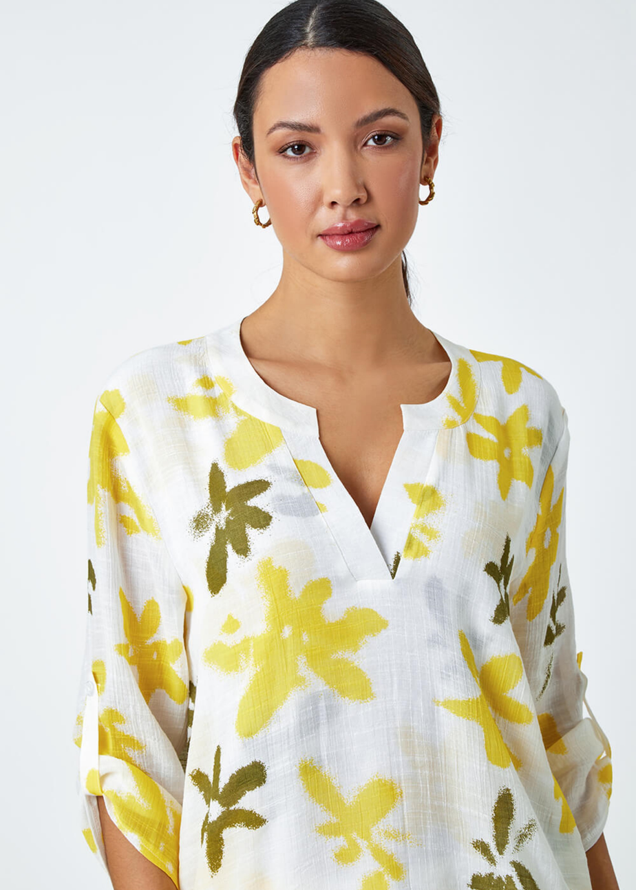 Roman Yellow Floral Print Wrap Hem V-Neck Tunic Top