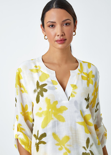 Roman Yellow Floral Print Wrap Hem V-Neck Tunic Top