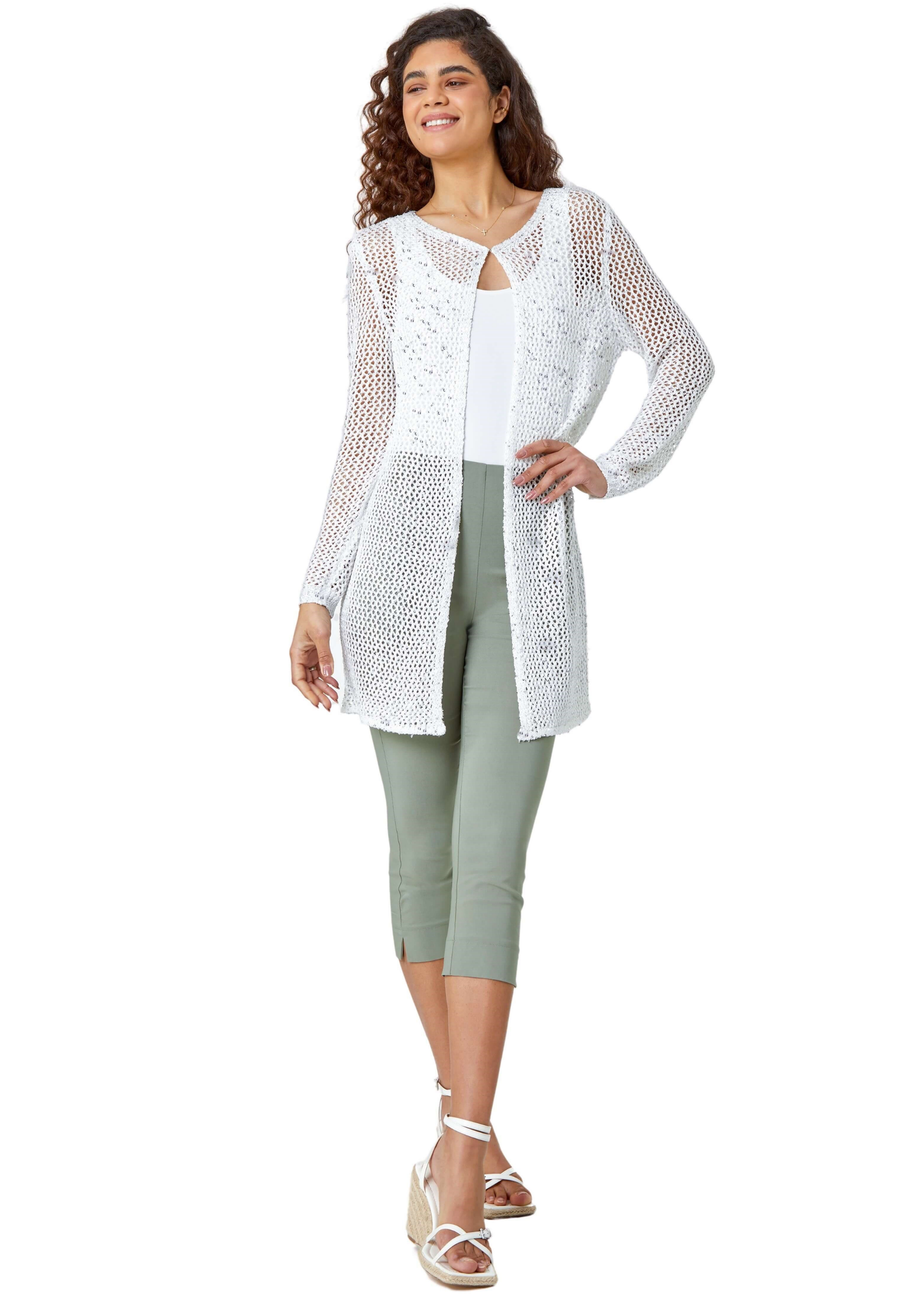 Roman White Sequin Knit Longline Cardigan