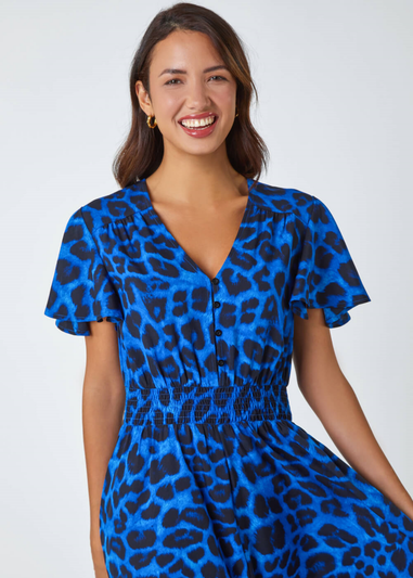 Roman Royal Blue Leopard Print Midi Stretch Dress