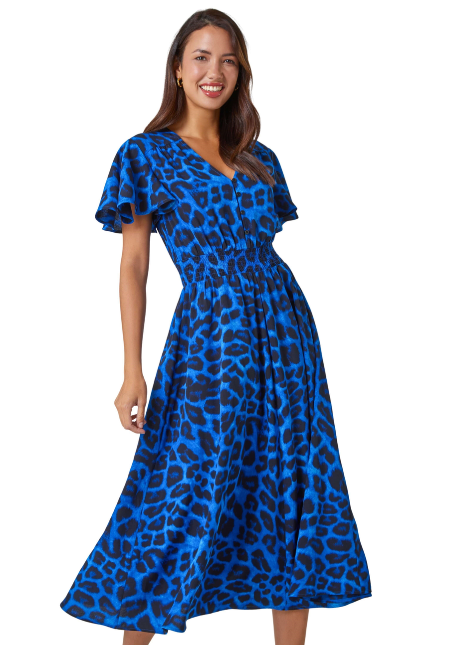 Roman Royal Blue Leopard Print Midi Stretch Dress