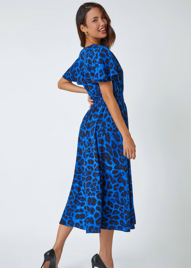 Roman Royal Blue Leopard Print Midi Stretch Dress