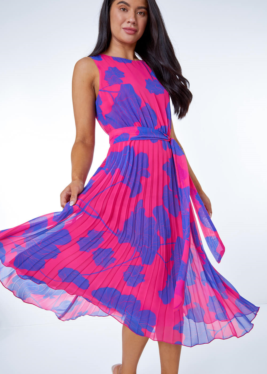 Roman Pink Petite Linear Floral Print Pleated Dress