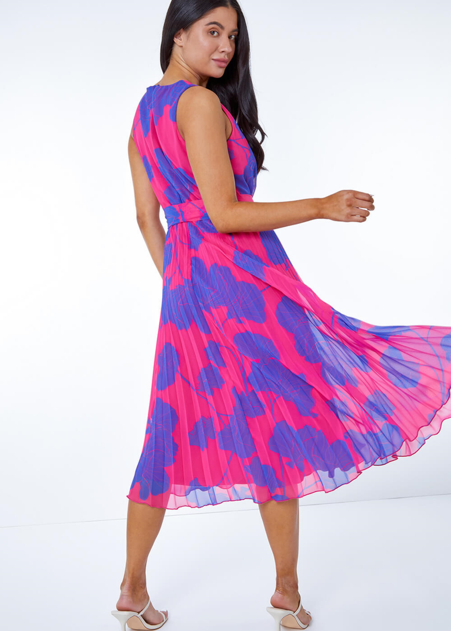 Roman Pink Petite Linear Floral Print Pleated Dress