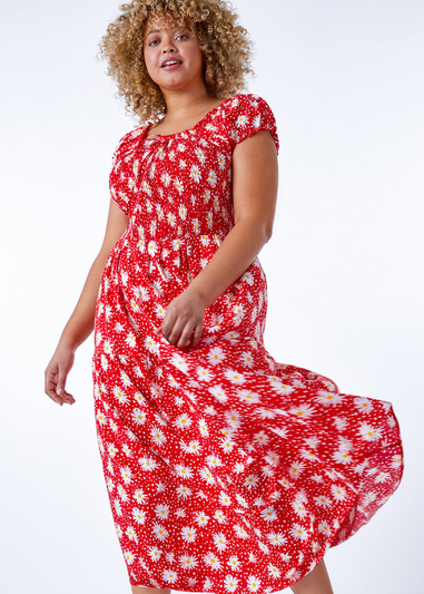Roman Red Curve Floral Shirred Bardot Dress