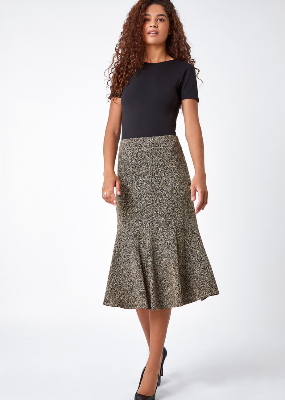 Roman Camel Flared Textured Midi Elastic Waist Skirt