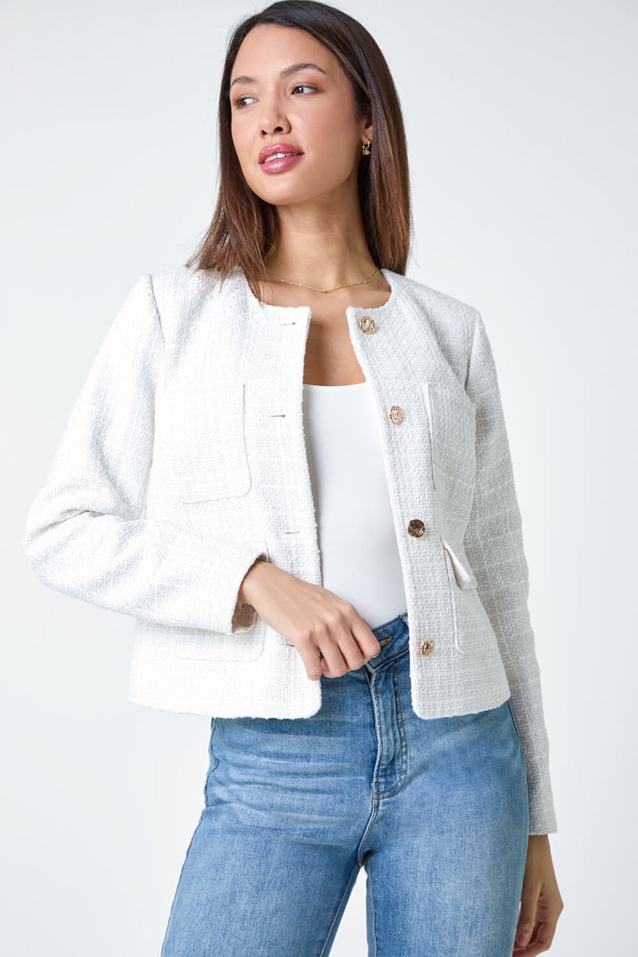 Roman Ivory Collarless Boucle Jacket