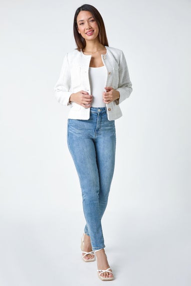 Roman Ivory Collarless Boucle Jacket