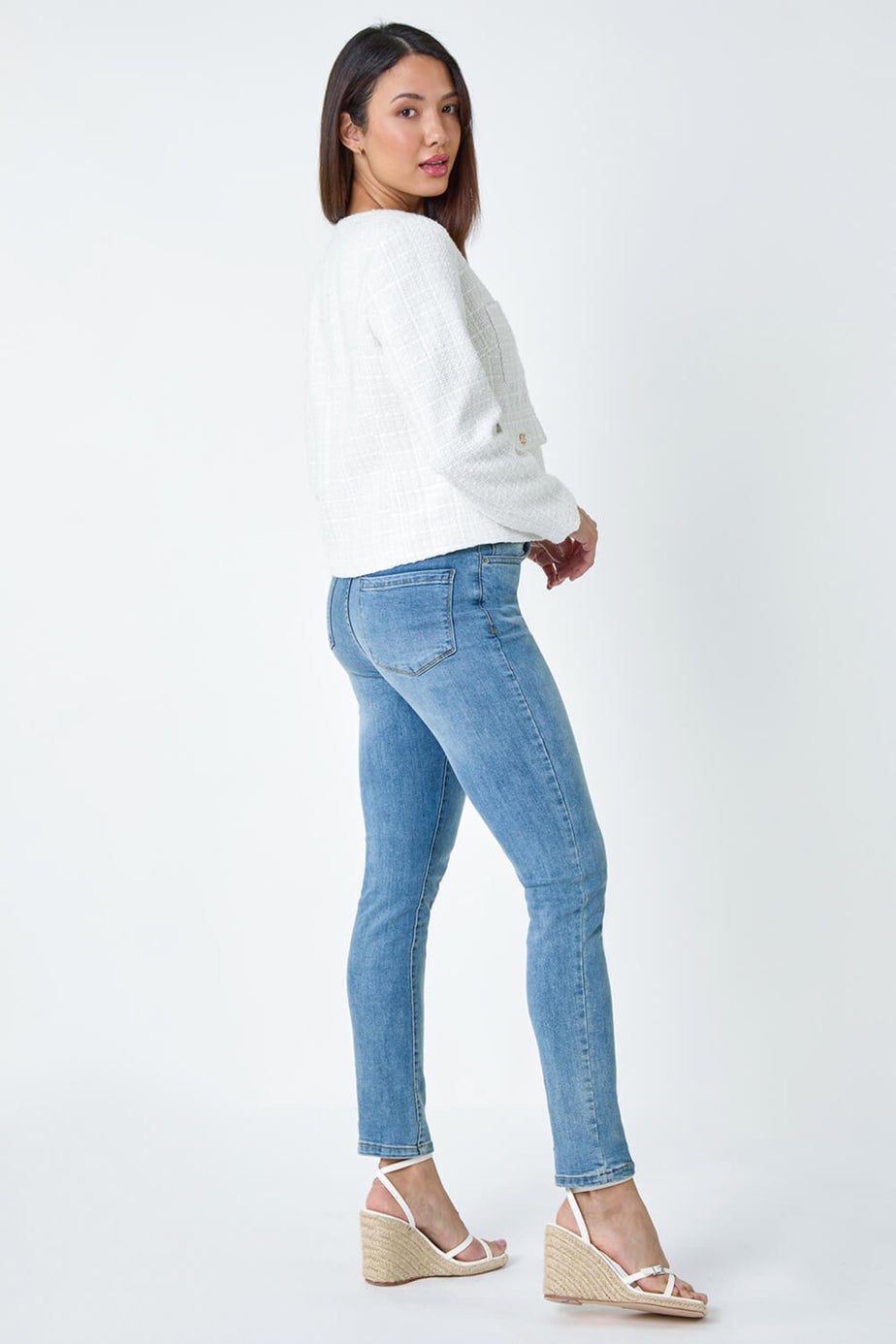 Roman Ivory Collarless Boucle Jacket