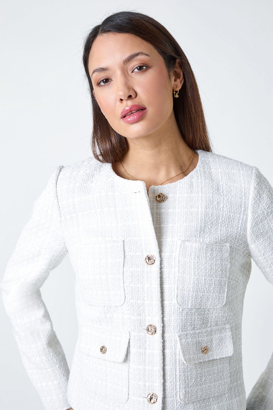 Roman Ivory Collarless Boucle Jacket