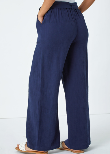 Roman Navy Textured Cotton Wide Leg Trousers