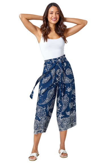 Roman Navy Paisley Print Wide Leg Cropped Trousers