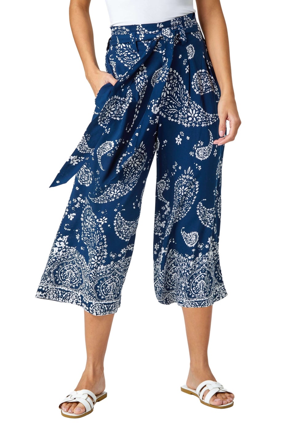 Roman Navy Paisley Print Wide Leg Cropped Trousers