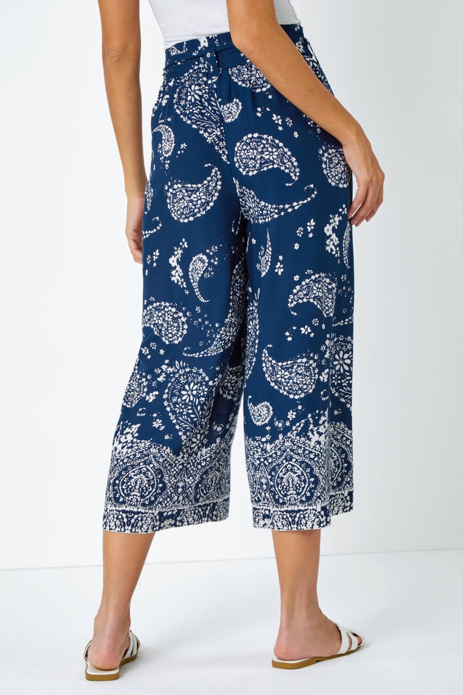 Roman Navy Paisley Print Wide Leg Cropped Trousers