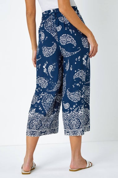 Roman Navy Paisley Print Wide Leg Cropped Trousers