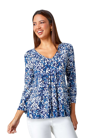 Roman Navy Leaf Print V-Neck Pintuck Tunic Swing Top