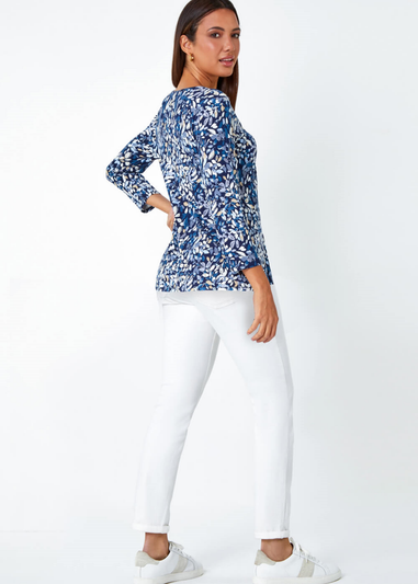 Roman Navy Leaf Print V-Neck Pintuck Tunic Swing Top