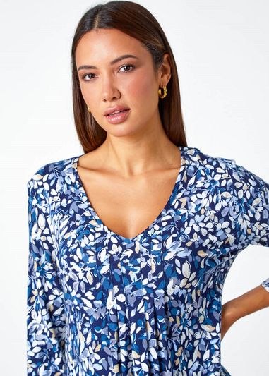 Roman Navy Leaf Print V-Neck Pintuck Tunic Swing Top