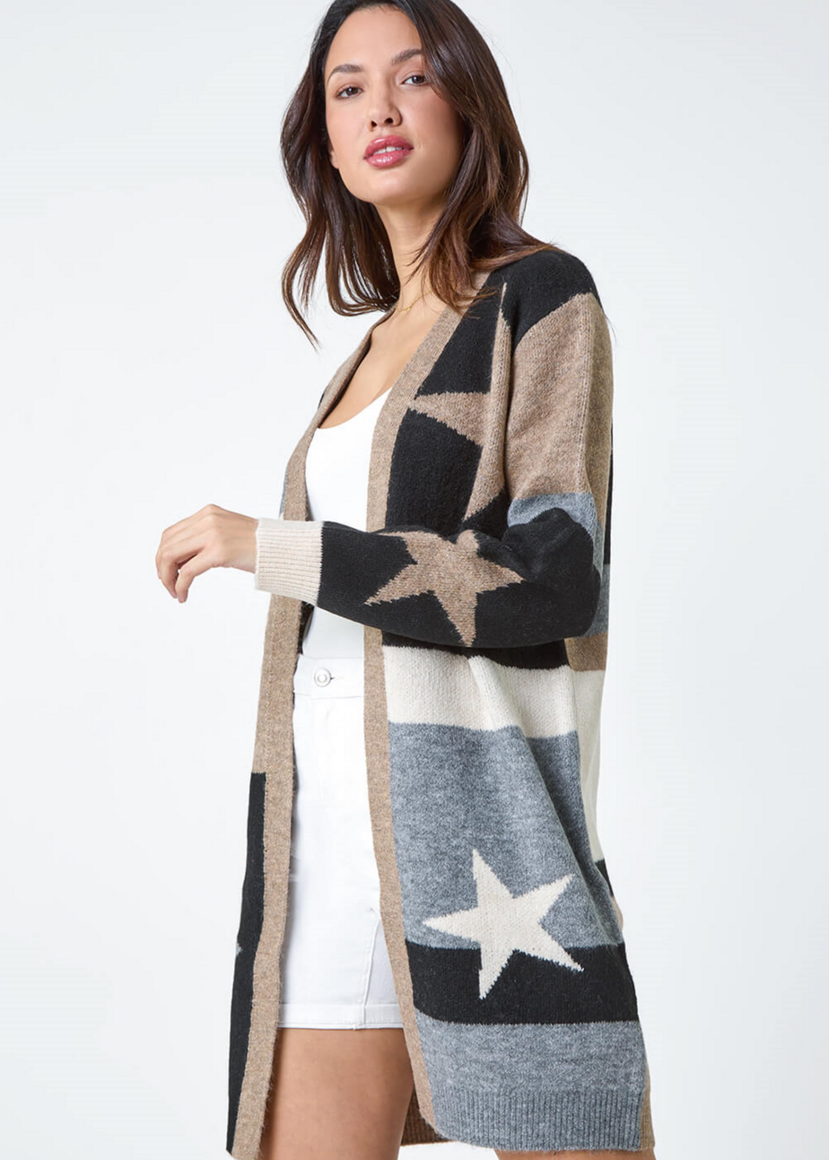 Roman Natural Star Print Longline Stretch Cardigan