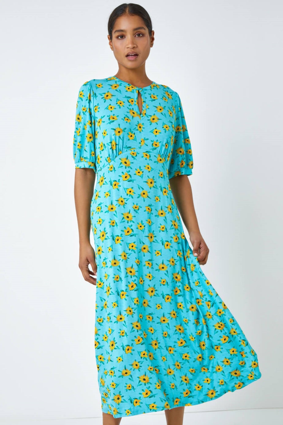 Roman Blue Sunflower Print Keyhole Stretch Midi Dress