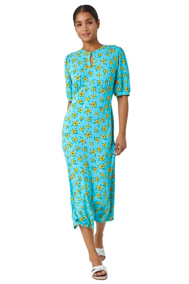 Roman Blue Sunflower Print Keyhole Stretch Midi Dress