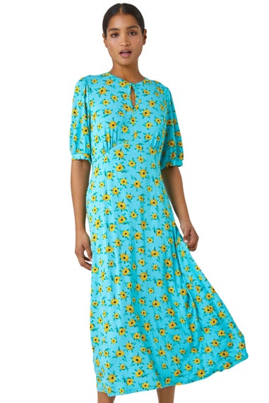 Roman Blue Sunflower Print Keyhole Stretch Midi Dress